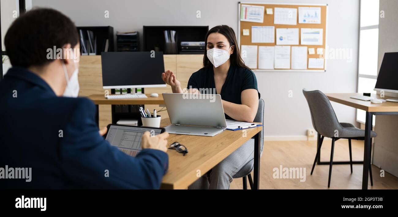 Business Job Interview Wearing Face Mask And Social Distancing Stock