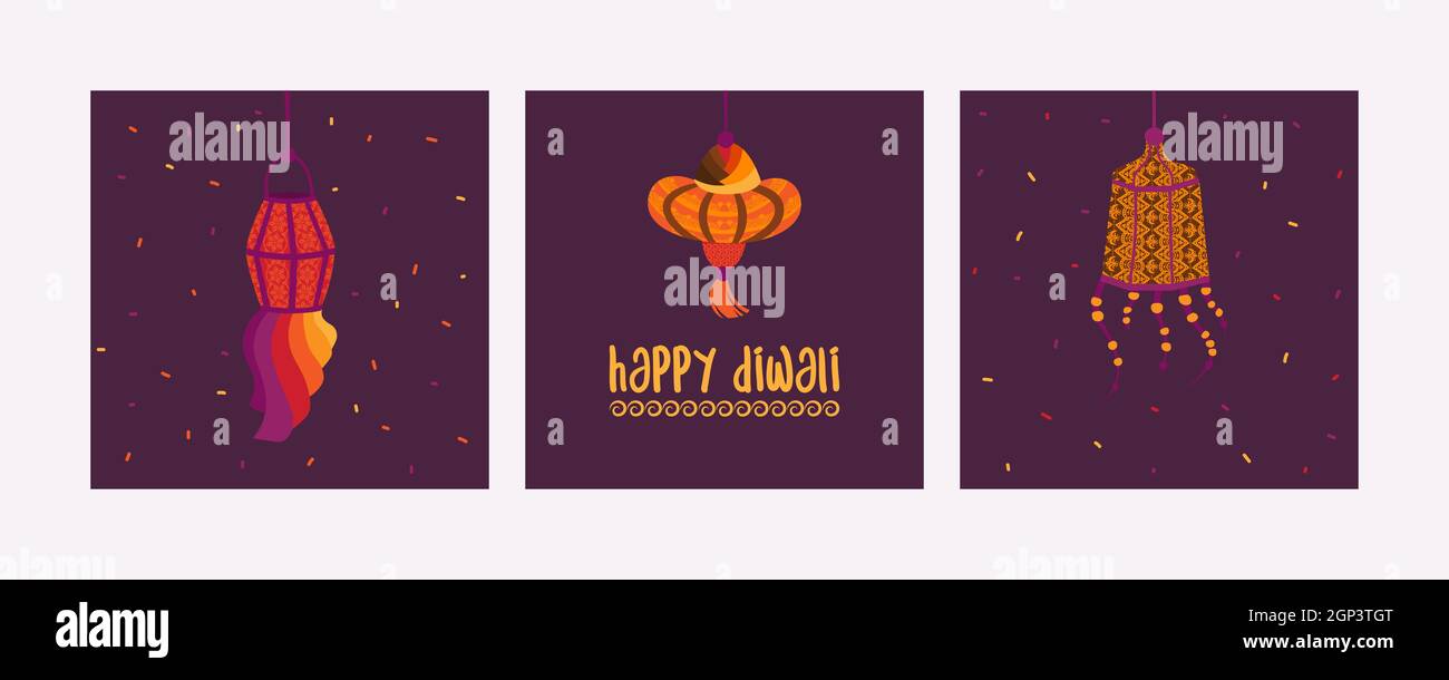 Set of Happy Diwali cards. Indian Festival of Lights. Hand painted holiday candles and lights. Asian decorative element. Vector flat illustrations. Stock Vector