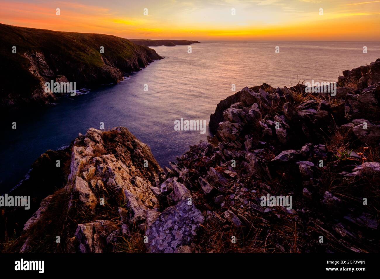 Sunset from cliffs of the St Davids Peninsula, West Wales, Pembrokeshire Stock Photo