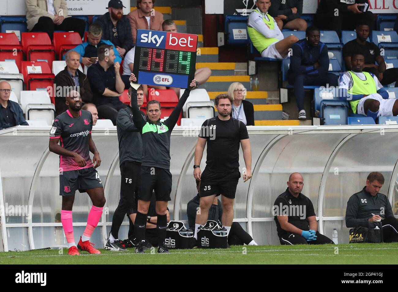 hartlepool-uk-sept-25th-fourth-official-natalie-aspinall-displays-the-sky-bet-substitution-board-during-the-sky-bet-league-2-match-between-hartlepool-united-and-exeter-city-at-victoria-park-hartlepool-on-saturday-25th-september-2021-credit-mark-fletcher-mi-news-credit-mi-news-sport-alamy-live-news-2GP41GJ.jpg