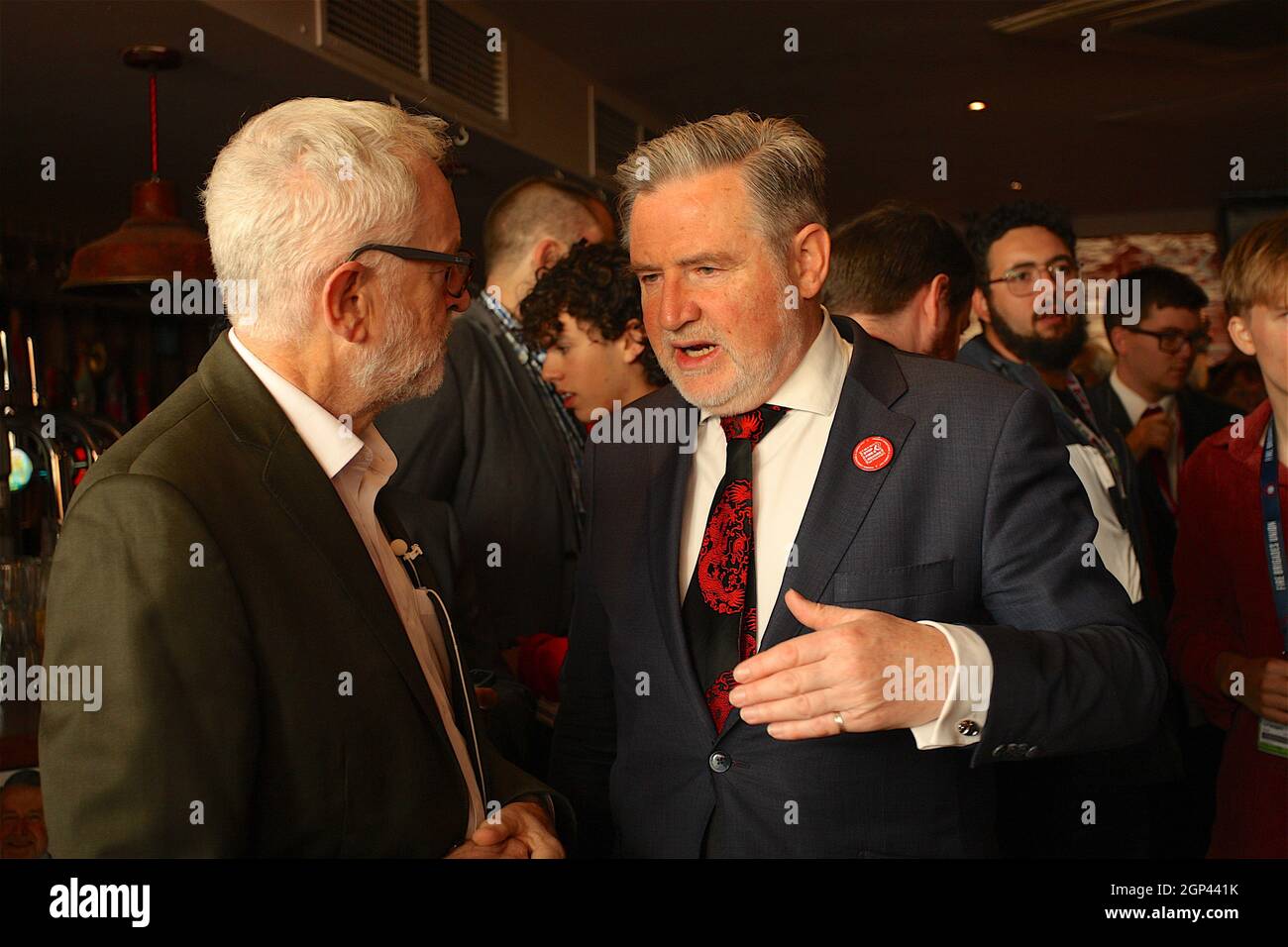 Brighton , UK, 28th September 2021 Jeremy Corbyn and Barry Gardiner MP discuss why legislation is needed to stop Fire and Rehire. Stock Photo