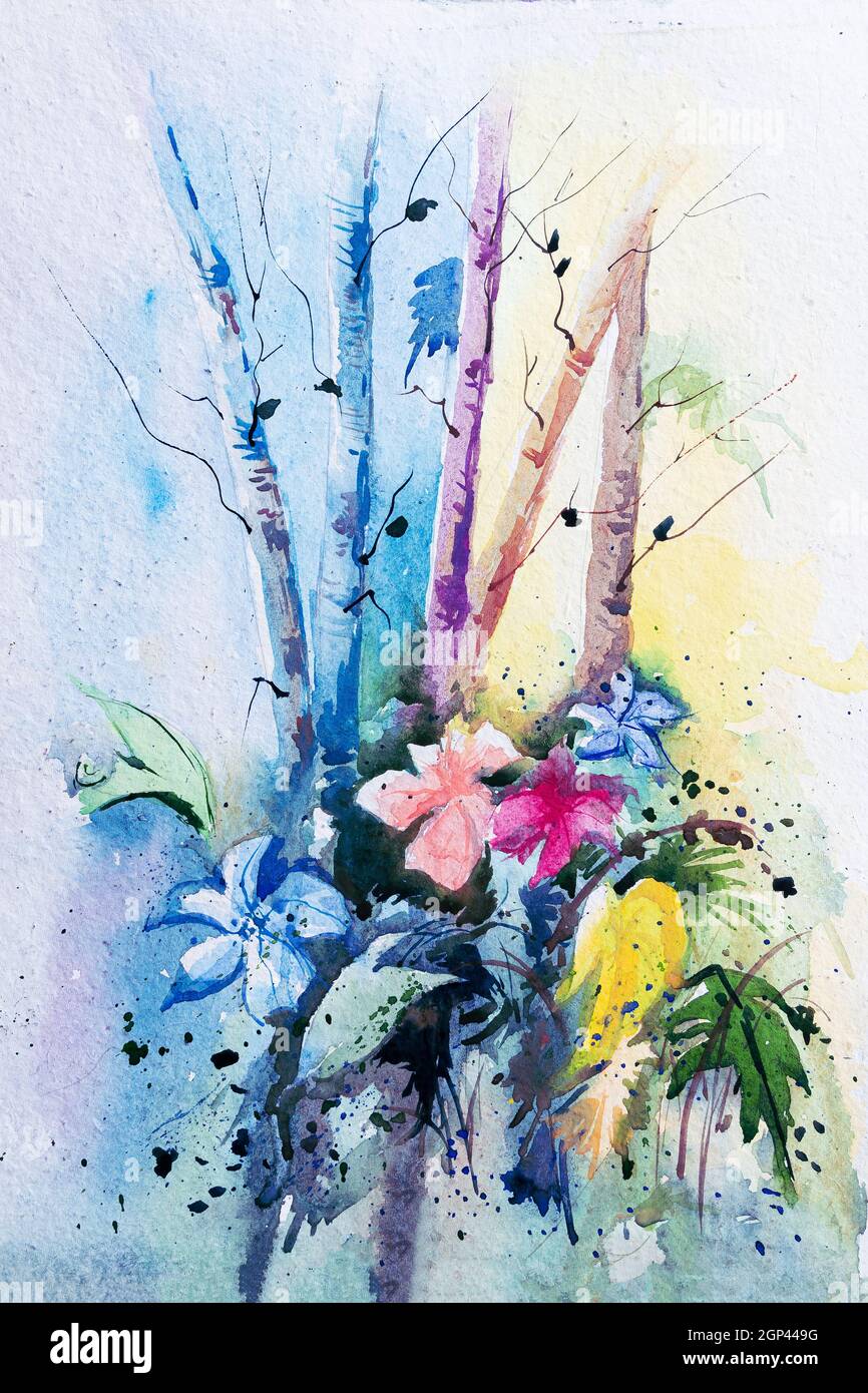 abstract hand-drawn flowers, ink drawing and watercolor painting, digital  art Stock Photo - Alamy