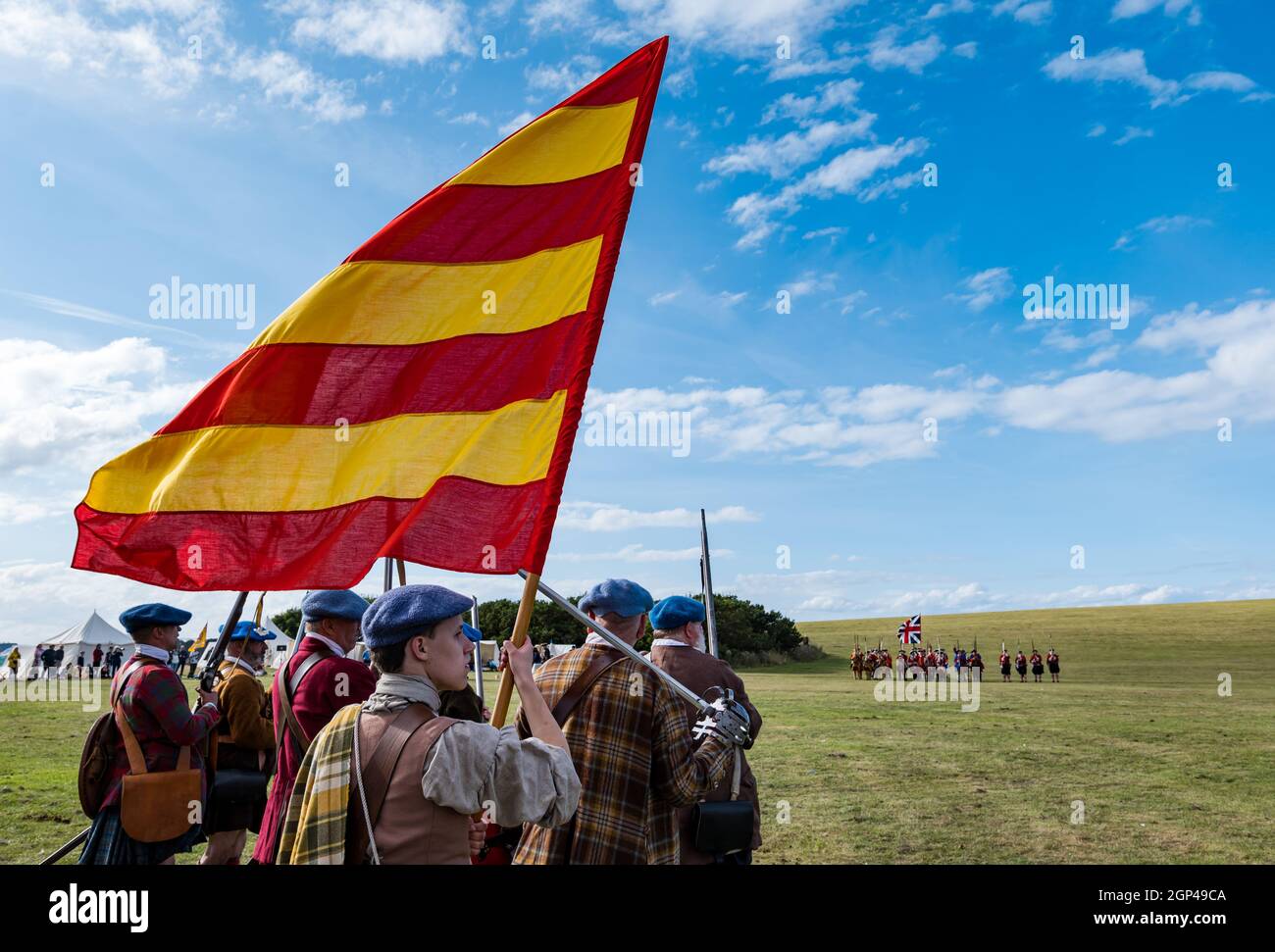 Jacobite soldiers in period costume and Hanoverian army in re-enactment of Battle of Prestonpans, East Lothian, Scotland, UK Stock Photo