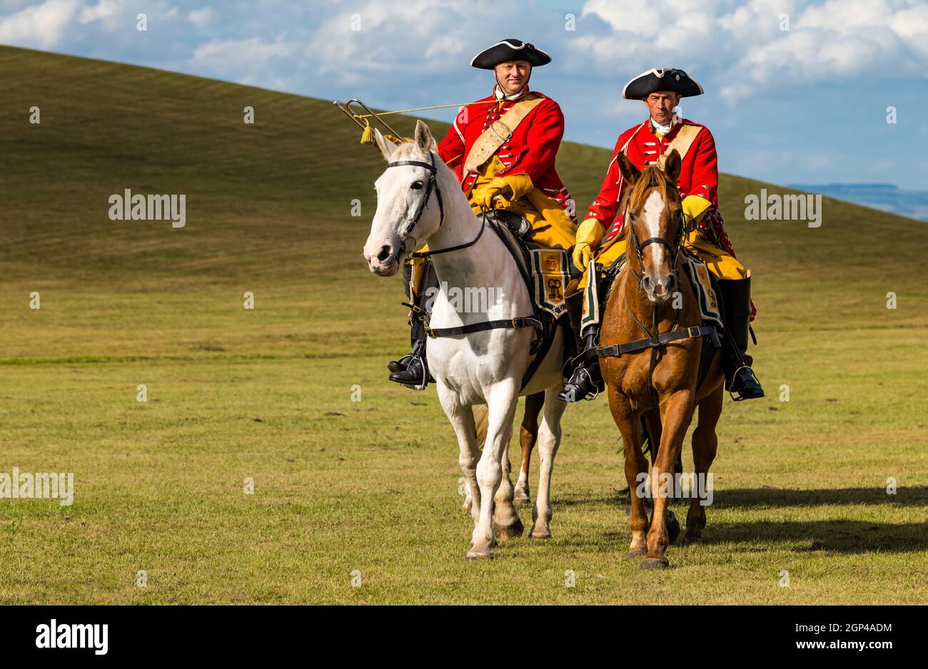 Hanoverian cavalry troops on horseback in period costume in re-enactment of Battle of Prestonpans, East Lothian, Scotland, UK Stock Photo