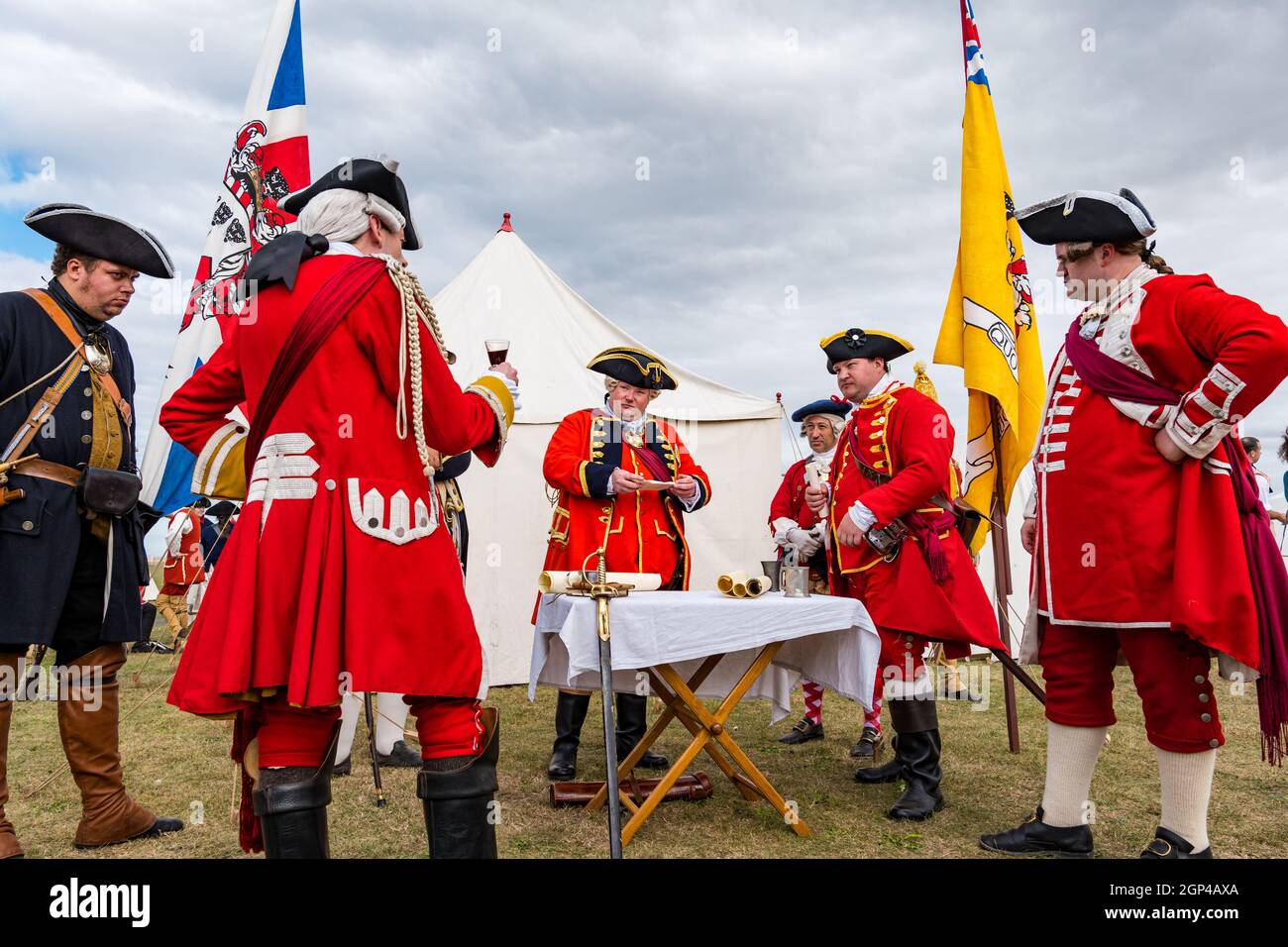 Sir John Cope & officers council of war in period costume re-enactment of Battle of Prestonpans, East Lothian, Scotland, UK Stock Photo