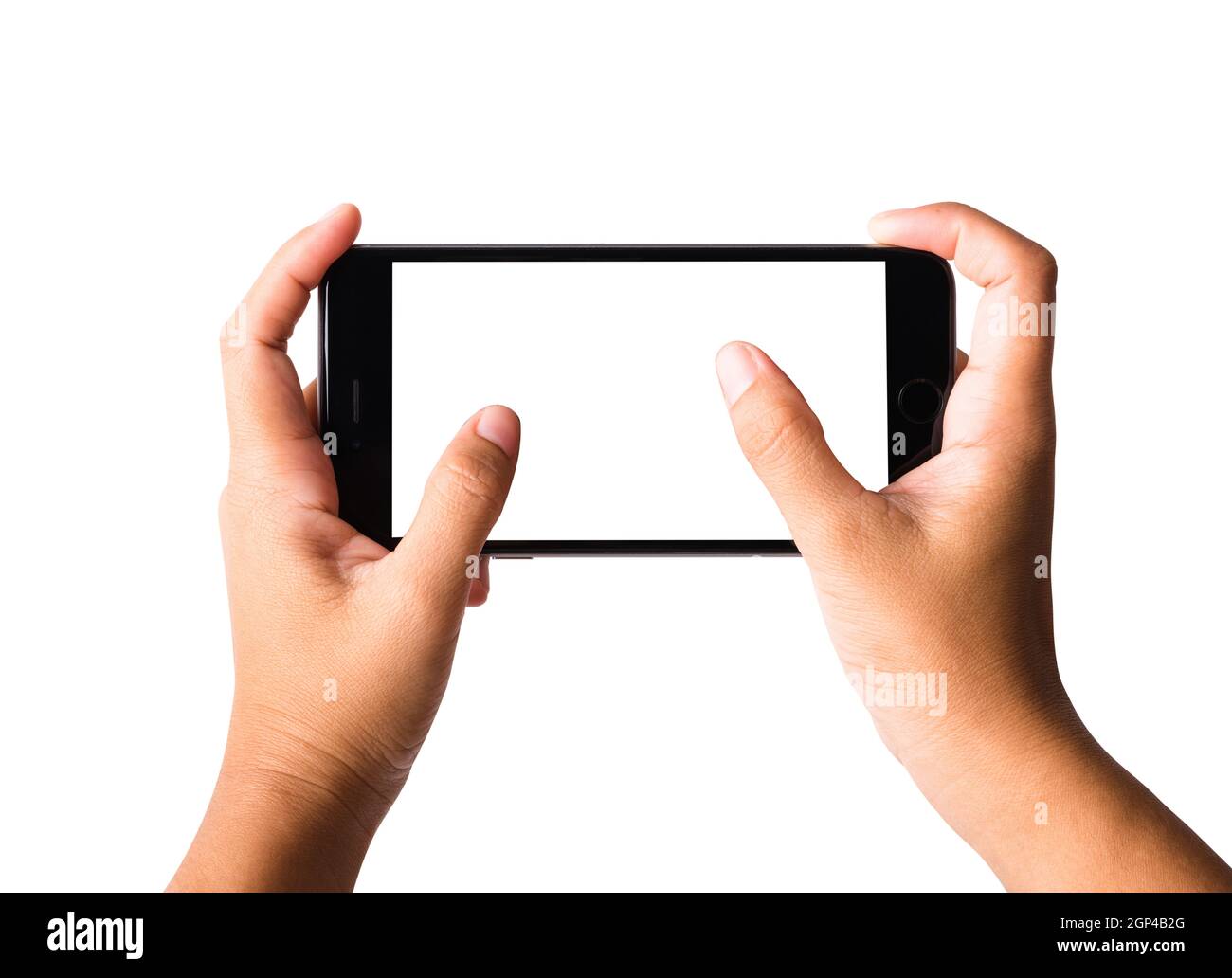 Woman hand playing game on smartphone blank screen. Female holding modern mobile phone horizontal position studio shot isolated on over white backgrou Stock Photo