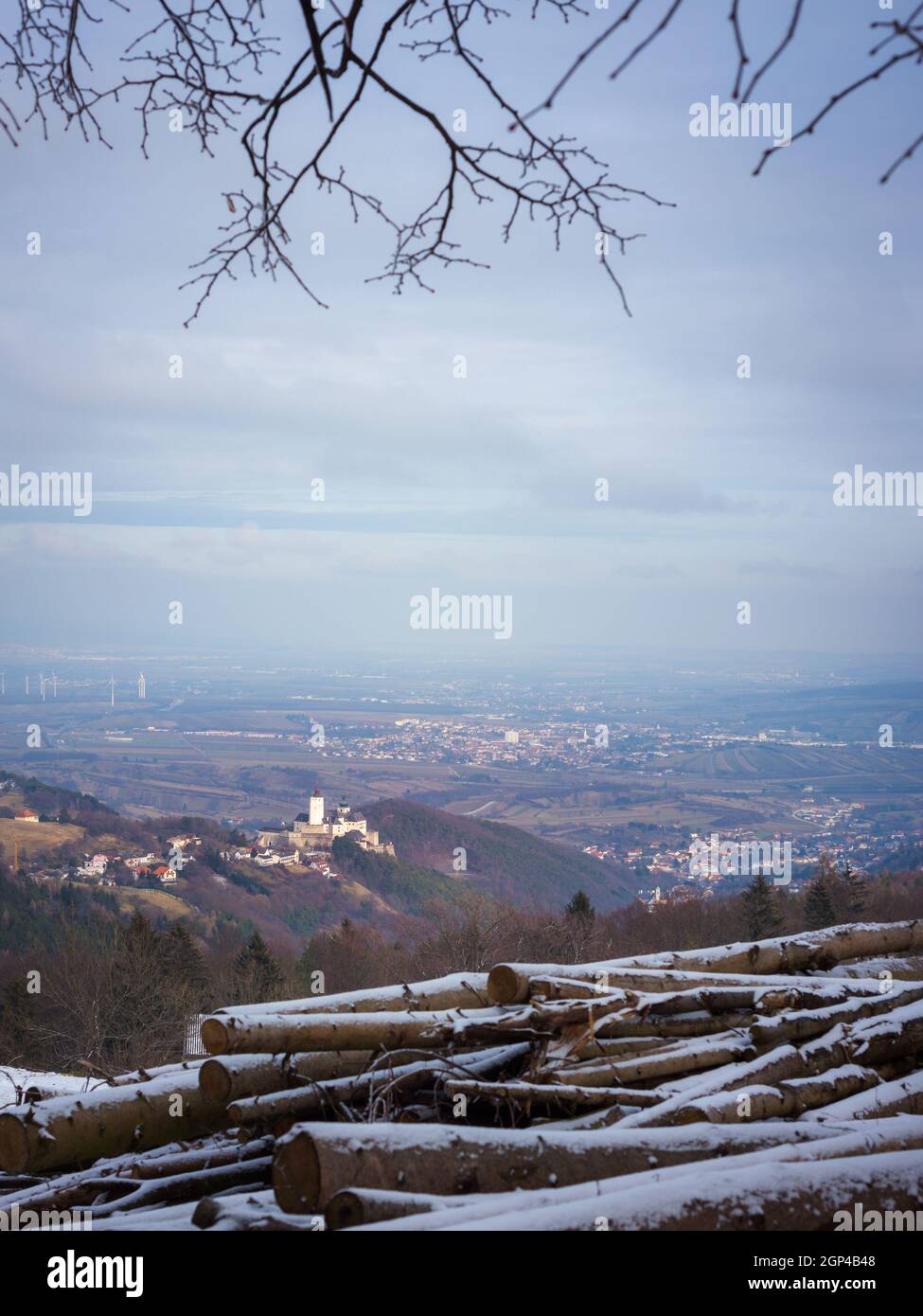 Castle of Forchtenstein with village und view to lake Neusiedlersee from Summit Rosalia Stock Photo