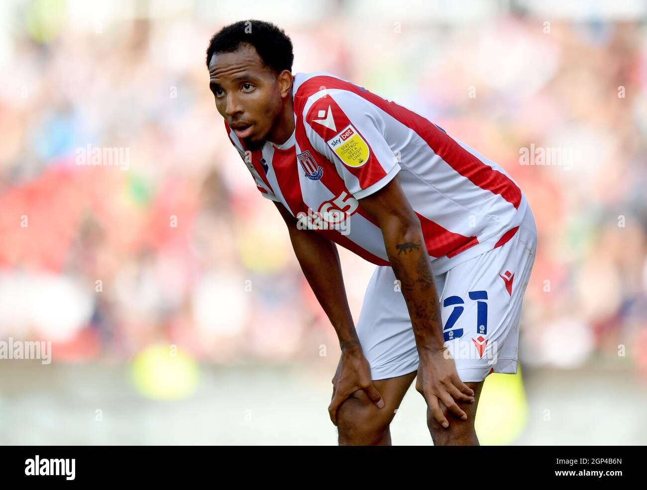 Stoke City's Demeaco Duhaney looks on during the Sky Bet Championship match at the bet365 Stadium, Stoke. Picture date: Saturday September 25, 2021. Stock Photo