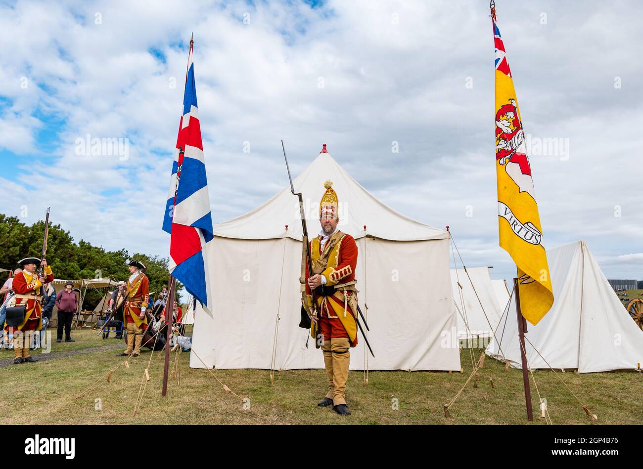 A Grenadier soldier guard in period costume in re-enactment of Battle of Prestonpans, East Lothian, Scotland, UK Stock Photo