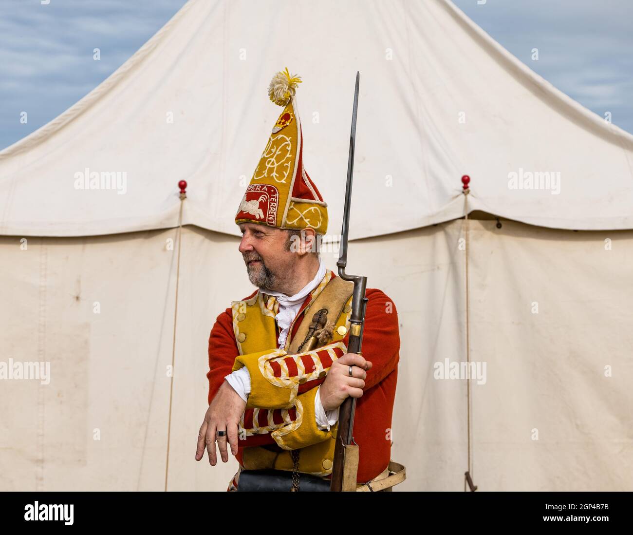 A Grenadier soldier guard in period costume in re-enactment of Battle of Prestonpans, East Lothian, Scotland, UK Stock Photo