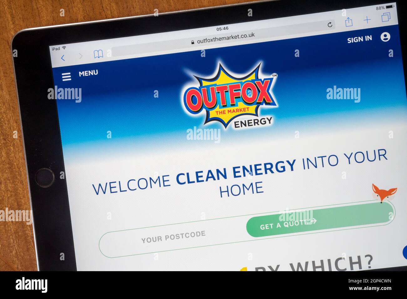 The homepage of the Outfox the Market energy company offering electricity from green renewable supplies. Stock Photo