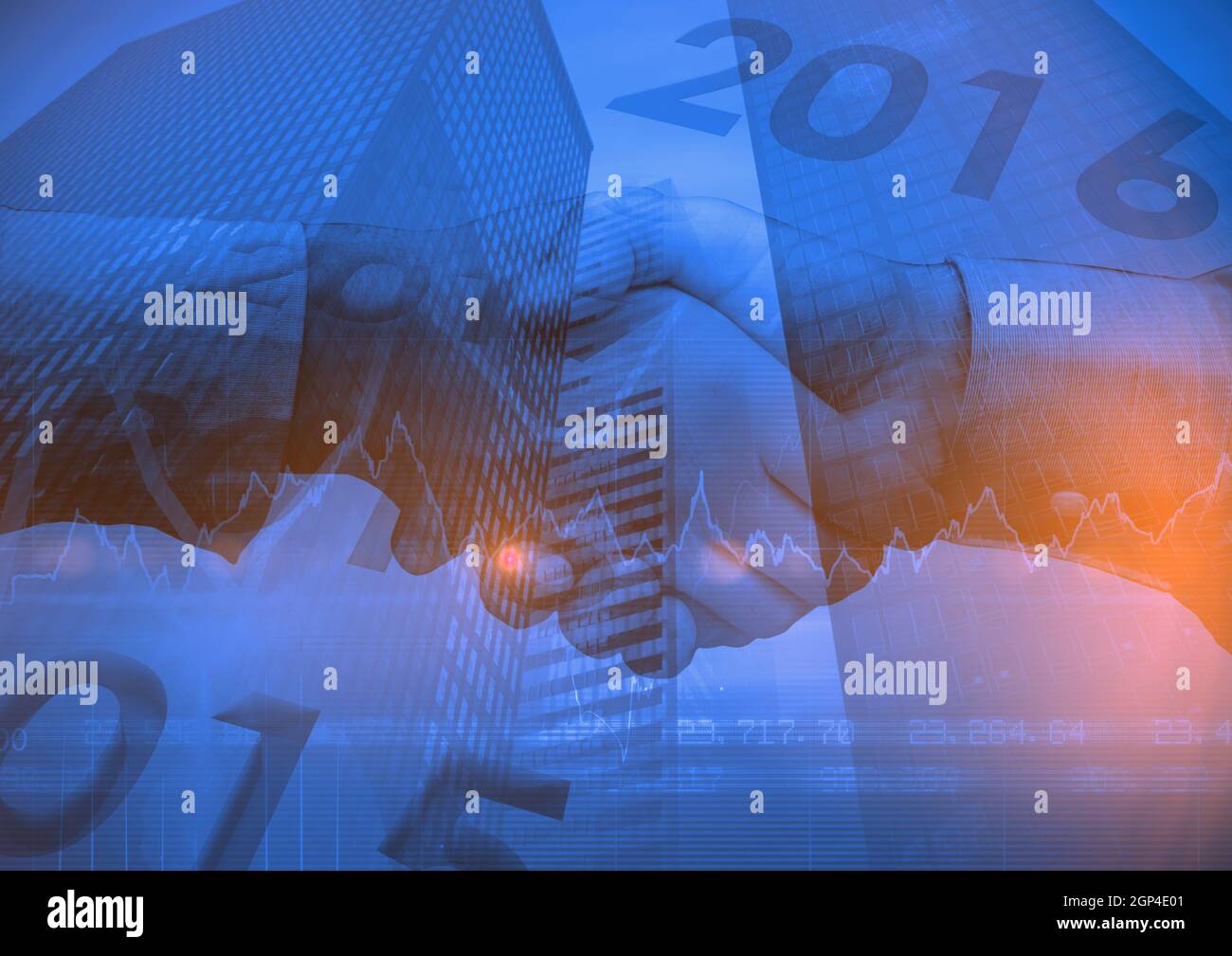 Composition of financial data over business people holding hands and cityscape Stock Photo