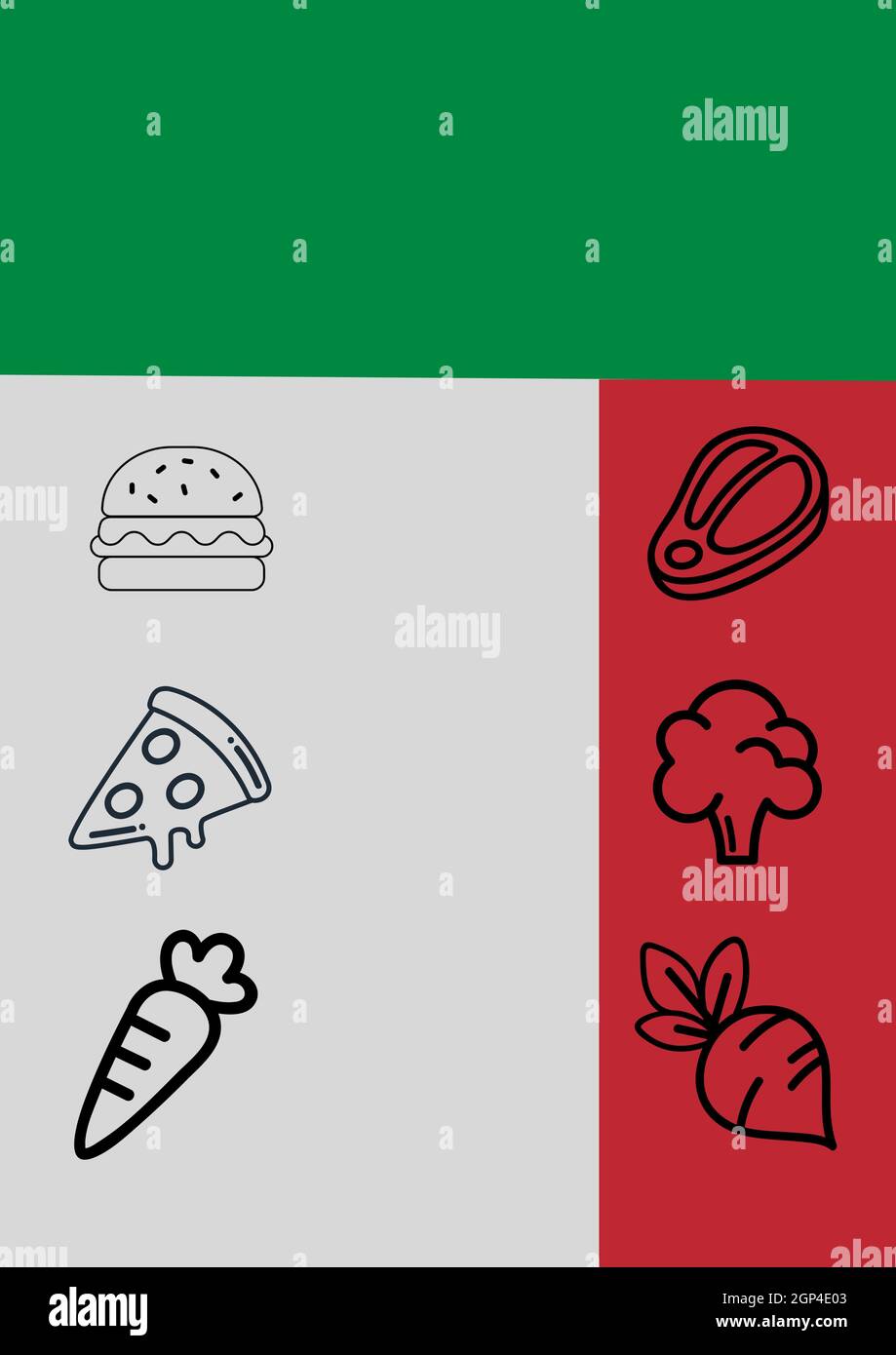 Composition of fast food and vegetables icons on colourful background Stock Photo