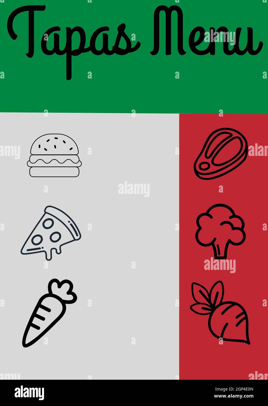 Composition of tapas menu text and fast food and vegetables icons on colourful background Stock Photo