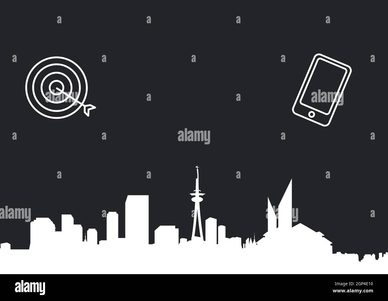Composition of black and white smartphone and city icons on black background Stock Photo