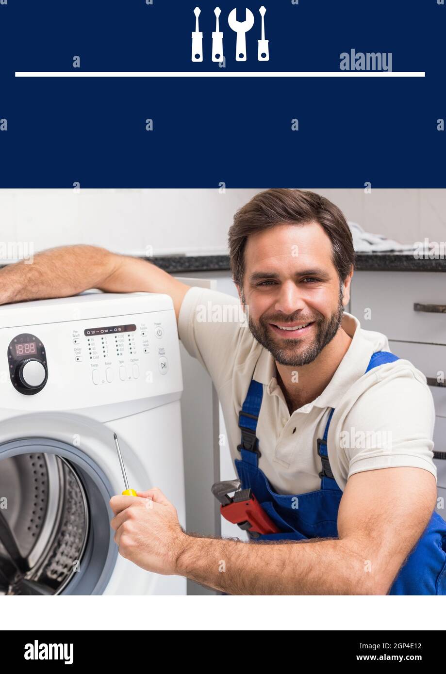 Composition of smiling caucasian plumber fixing washing machine Stock Photo