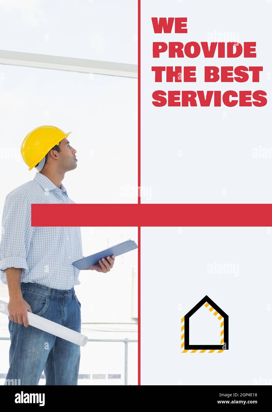 Composition of best services text over caucasian male worker with plans on white background Stock Photo