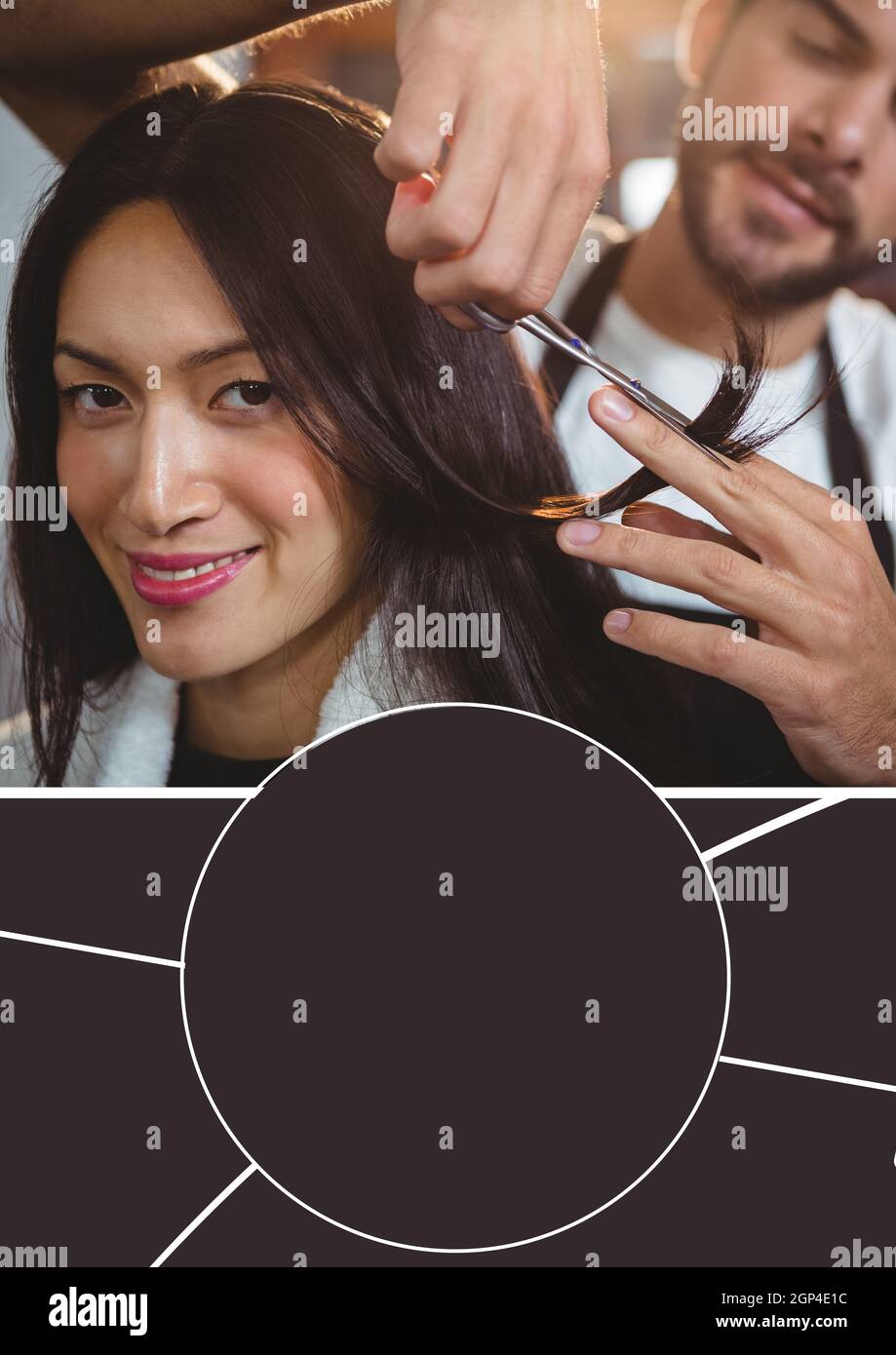 Composition of smiling caucasian woman in hair salon Stock Photo