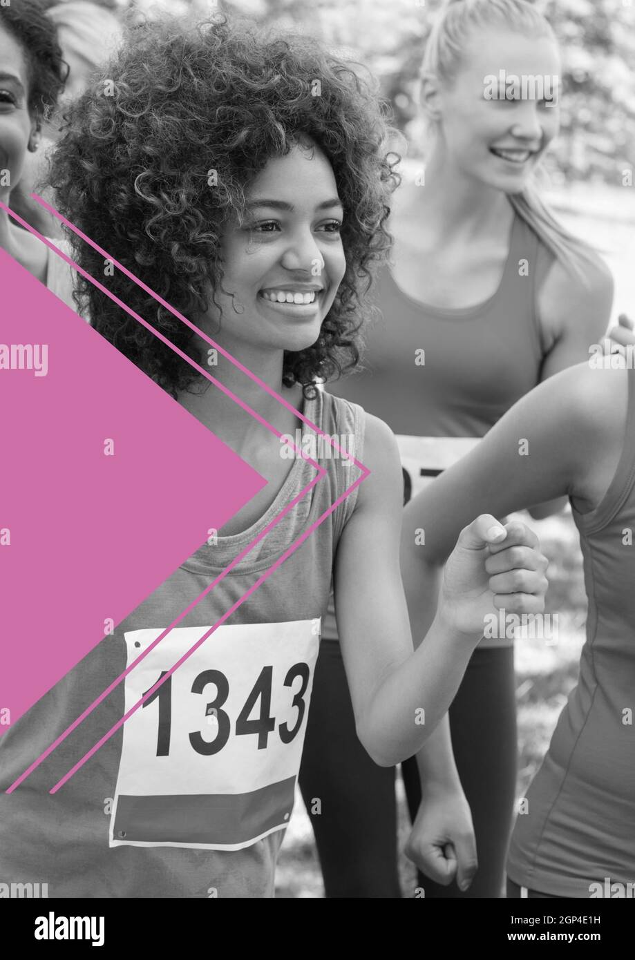 Composition of black and white happy diverse group of sportswomen running Stock Photo