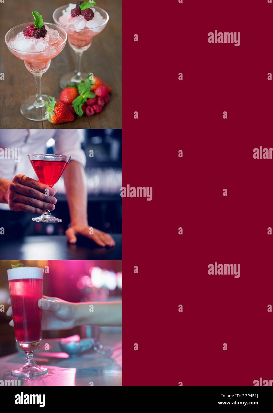 Composition of multiple drinks in bar on colourful background Stock Photo