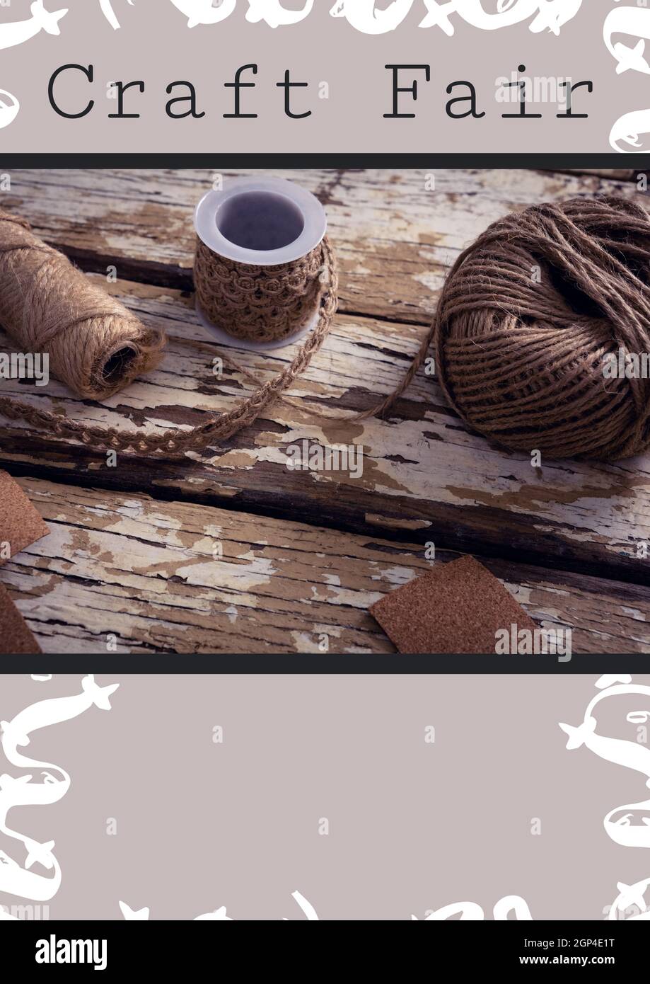 Composition of craft fair text and yarns on grey background Stock Photo
