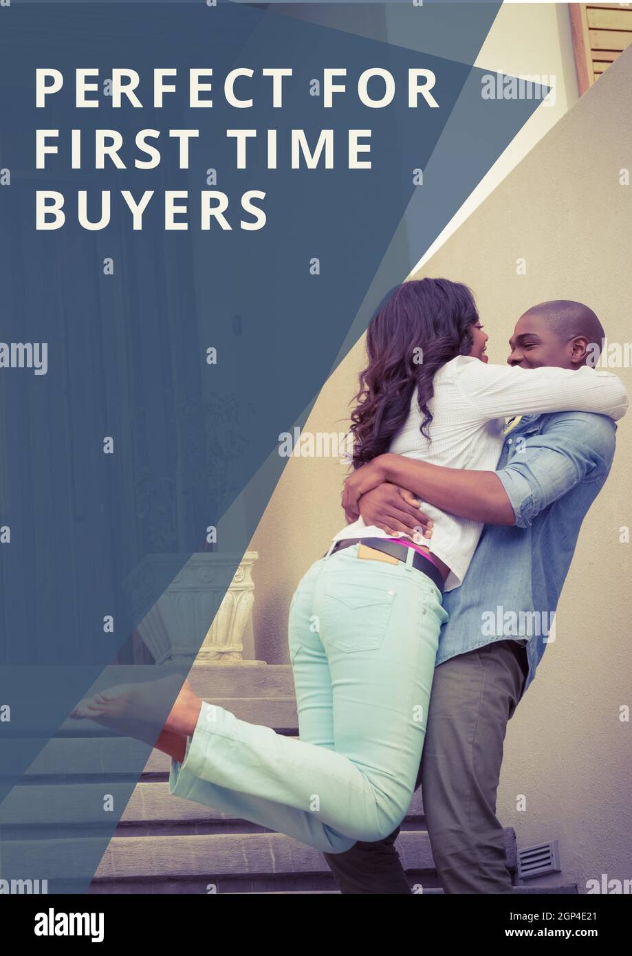 Composition of perfect for first time buyers text over happy african american couple embracing Stock Photo