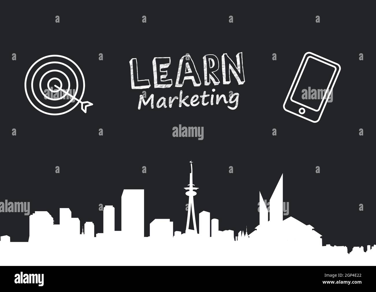 Composition of learn marketing text over city icon on black background Stock Photo