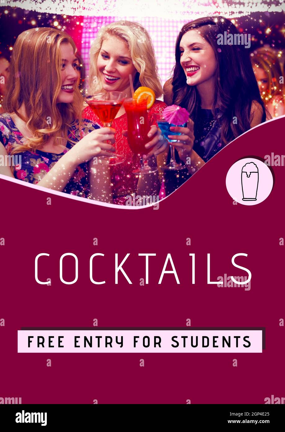 Composition of cocktails free entry for students text and group of female friends holding cocktails Stock Photo