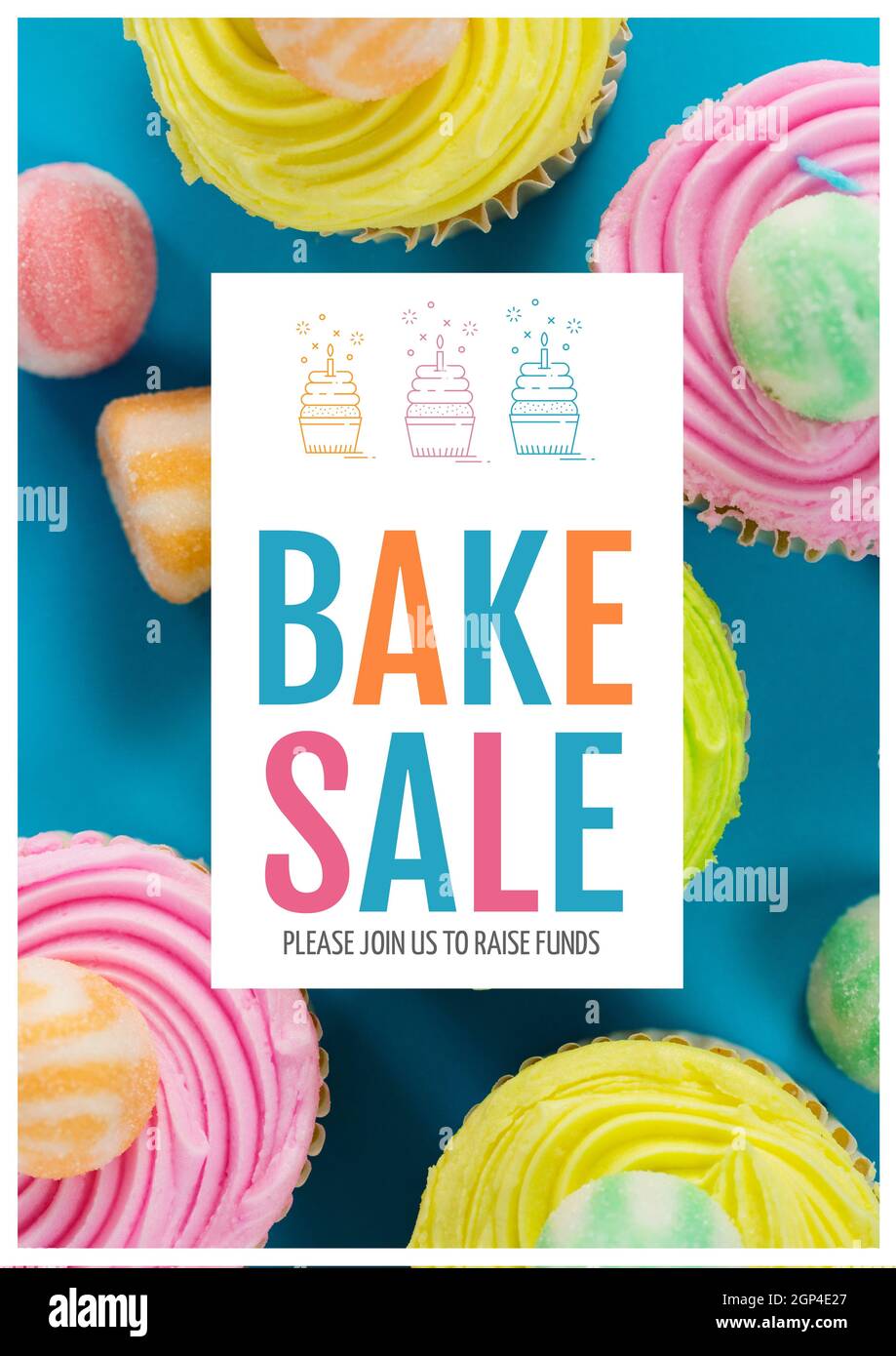 Composition of bake sale text over cupcakes on blue background Stock Photo