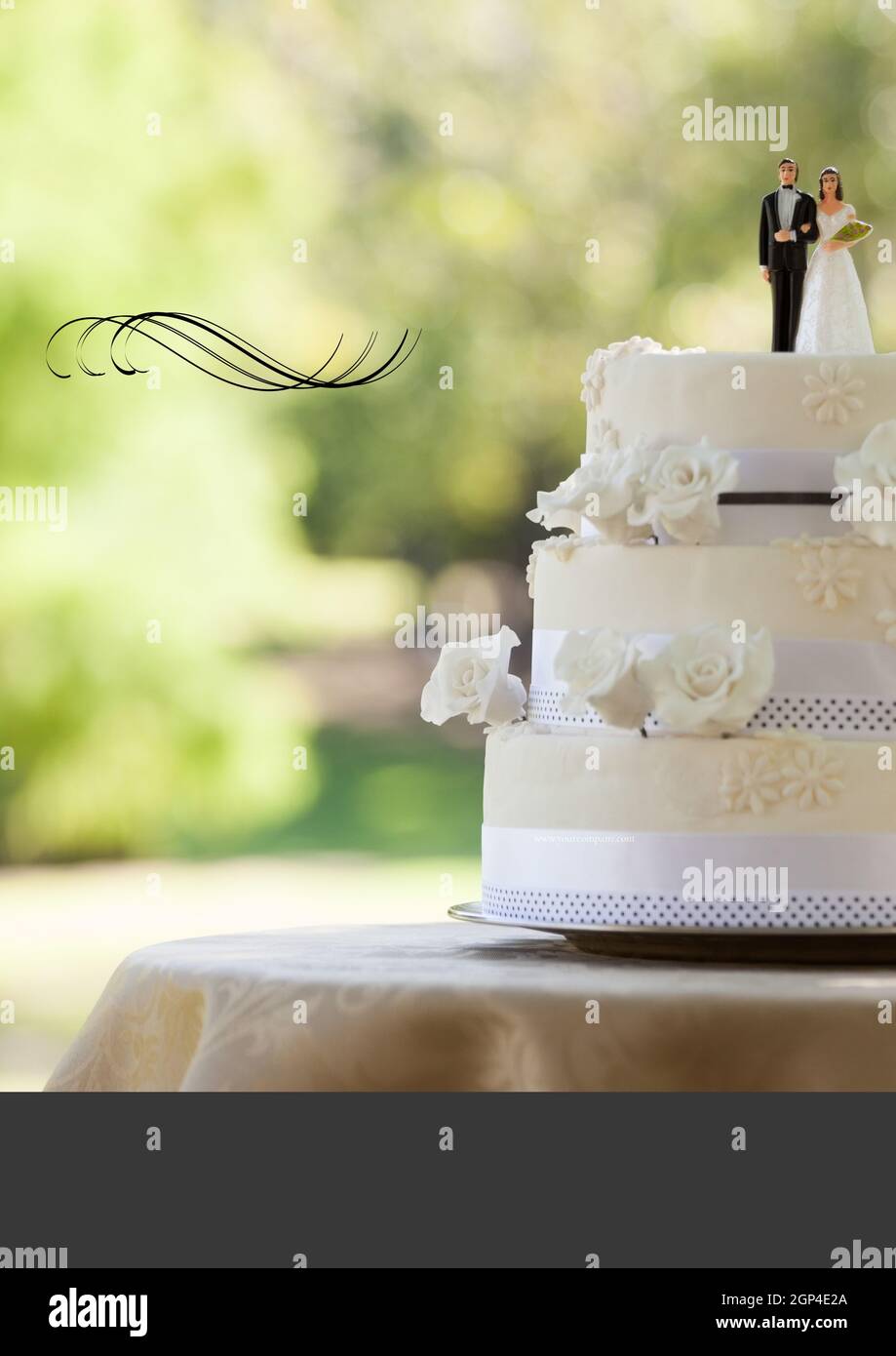 Composition of black lines and wedding cake outdoors Stock Photo
