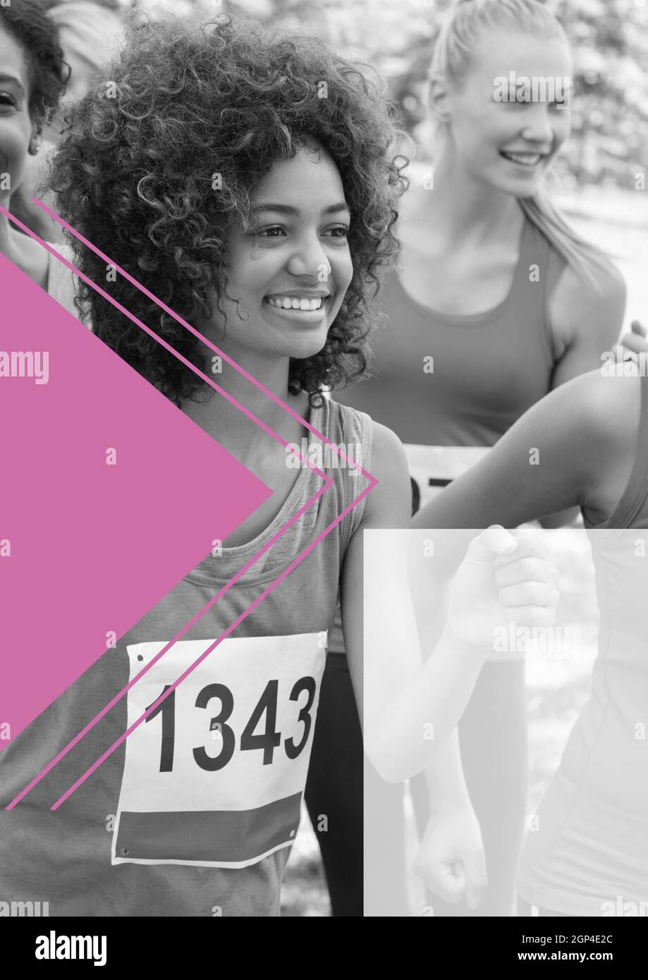 Composition of black and white happy diverse group of sportswomen running Stock Photo