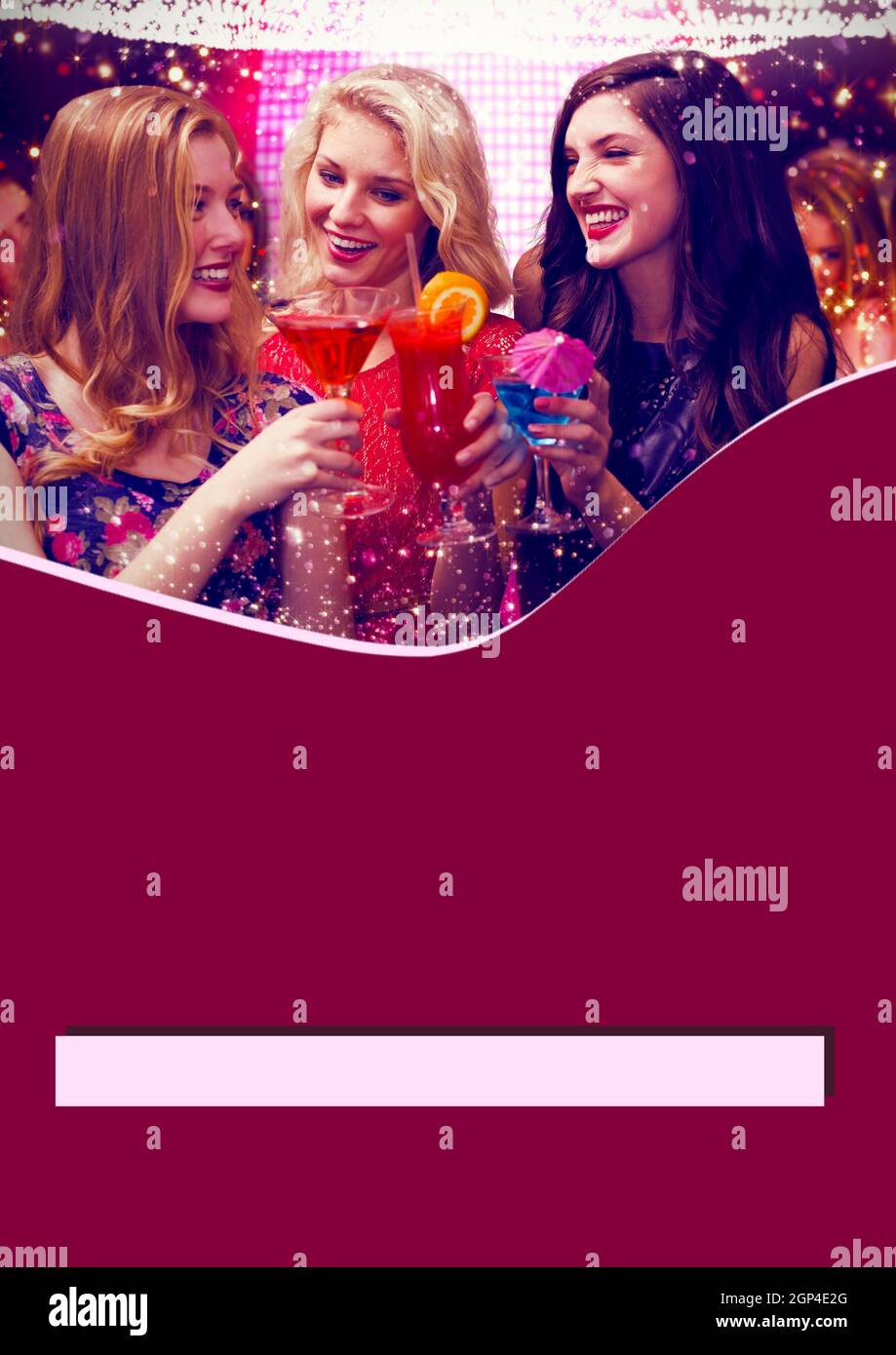 Composition of group of happy female friends with drinks on red background Stock Photo