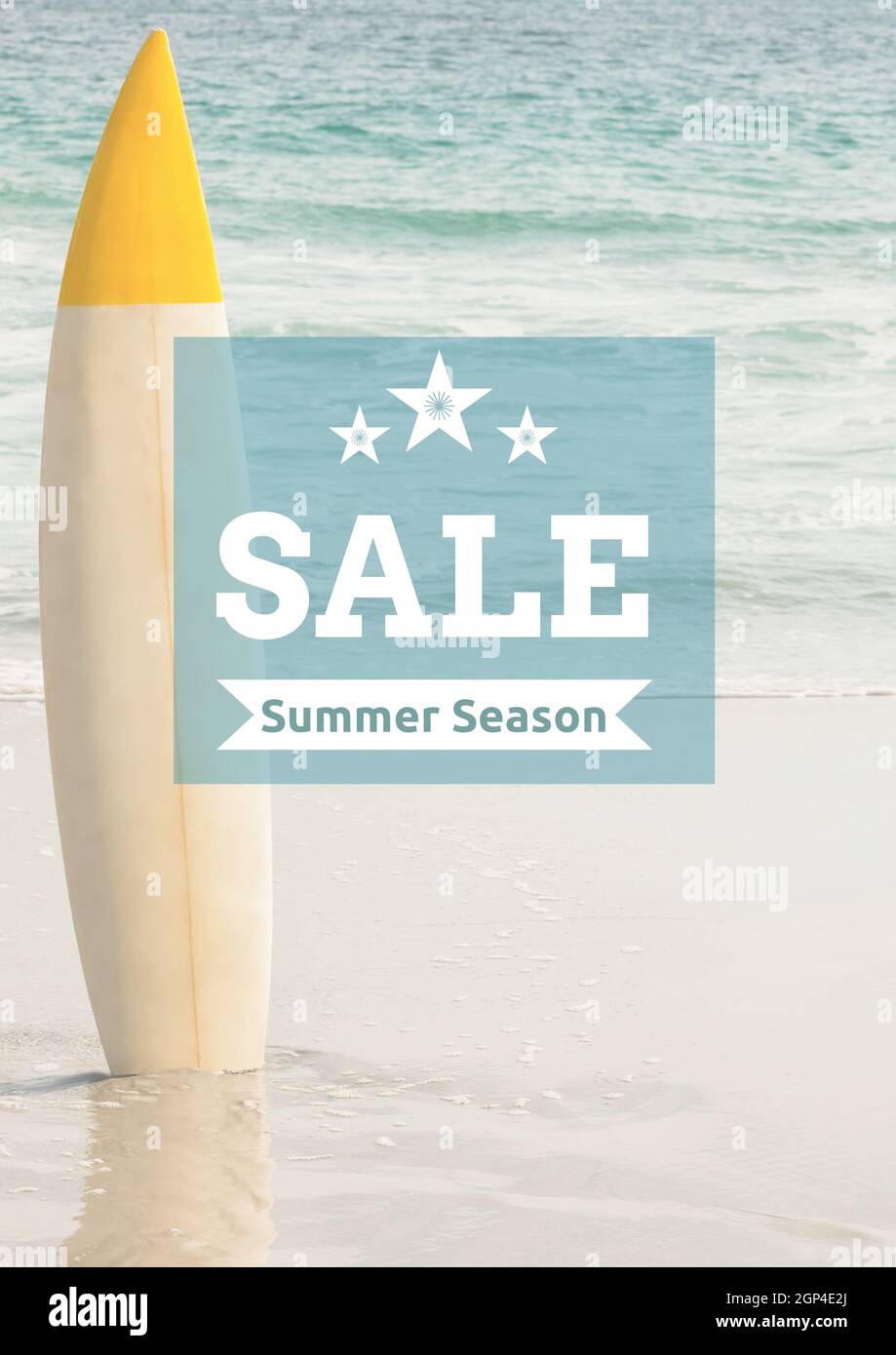 Composition of sale summer season text over surfboard and sea Stock Photo