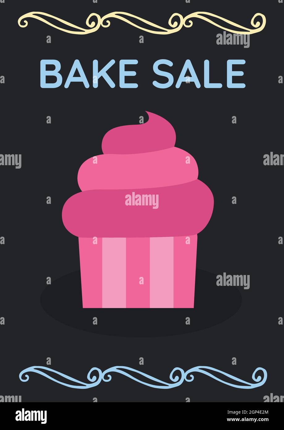 Composition of bake sale text and cupcake icon on black background Stock Photo