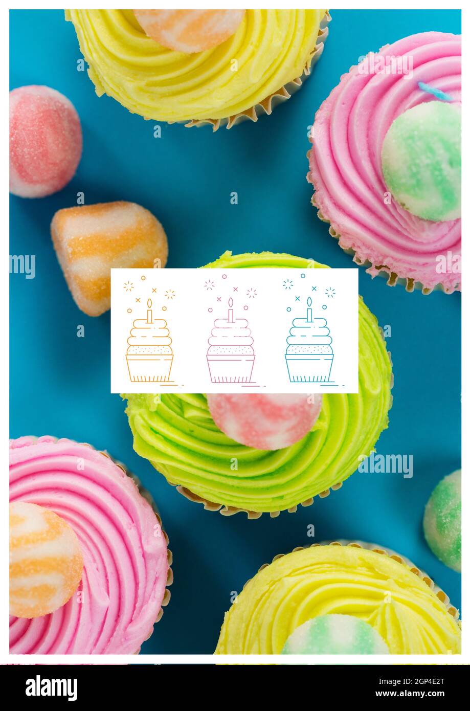 Composition of multiple fresh cupcakes on blue background Stock Photo