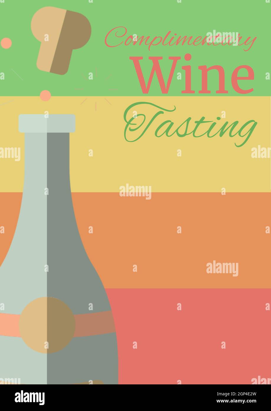 Composition of complimentary wine tasting text and wine bottle icon on colorful background Stock Photo