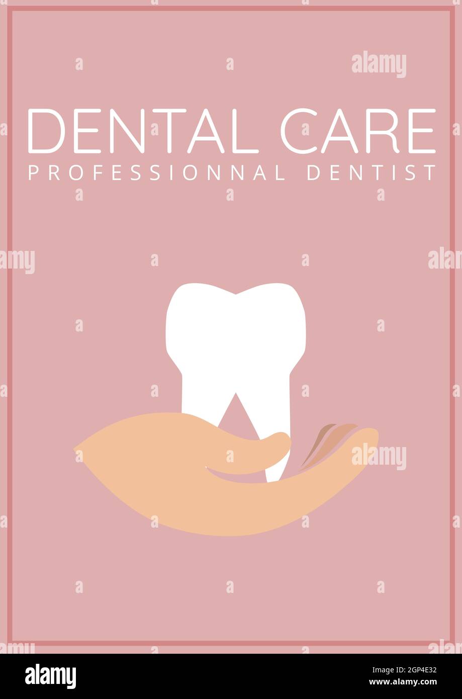 Composition of dental care text over tooth icon on pink background Stock Photo