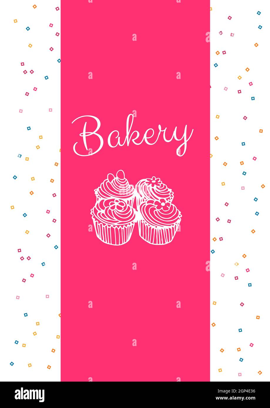 Composition of bakery text and cupcake icons on white and pink background Stock Photo