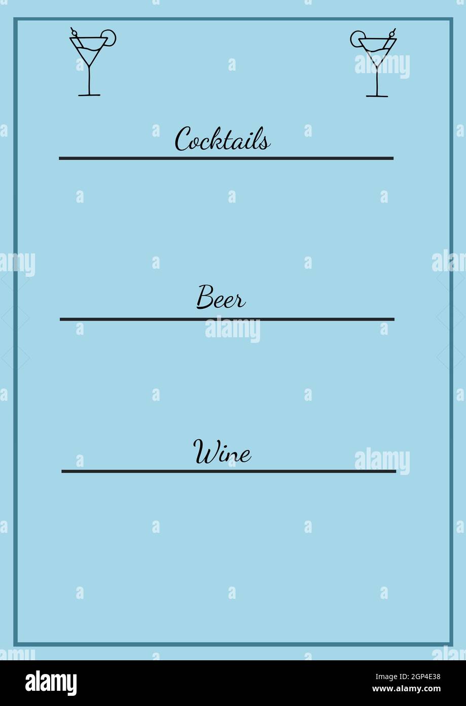 Composition of cocktails beer wine text on blue background Stock Photo