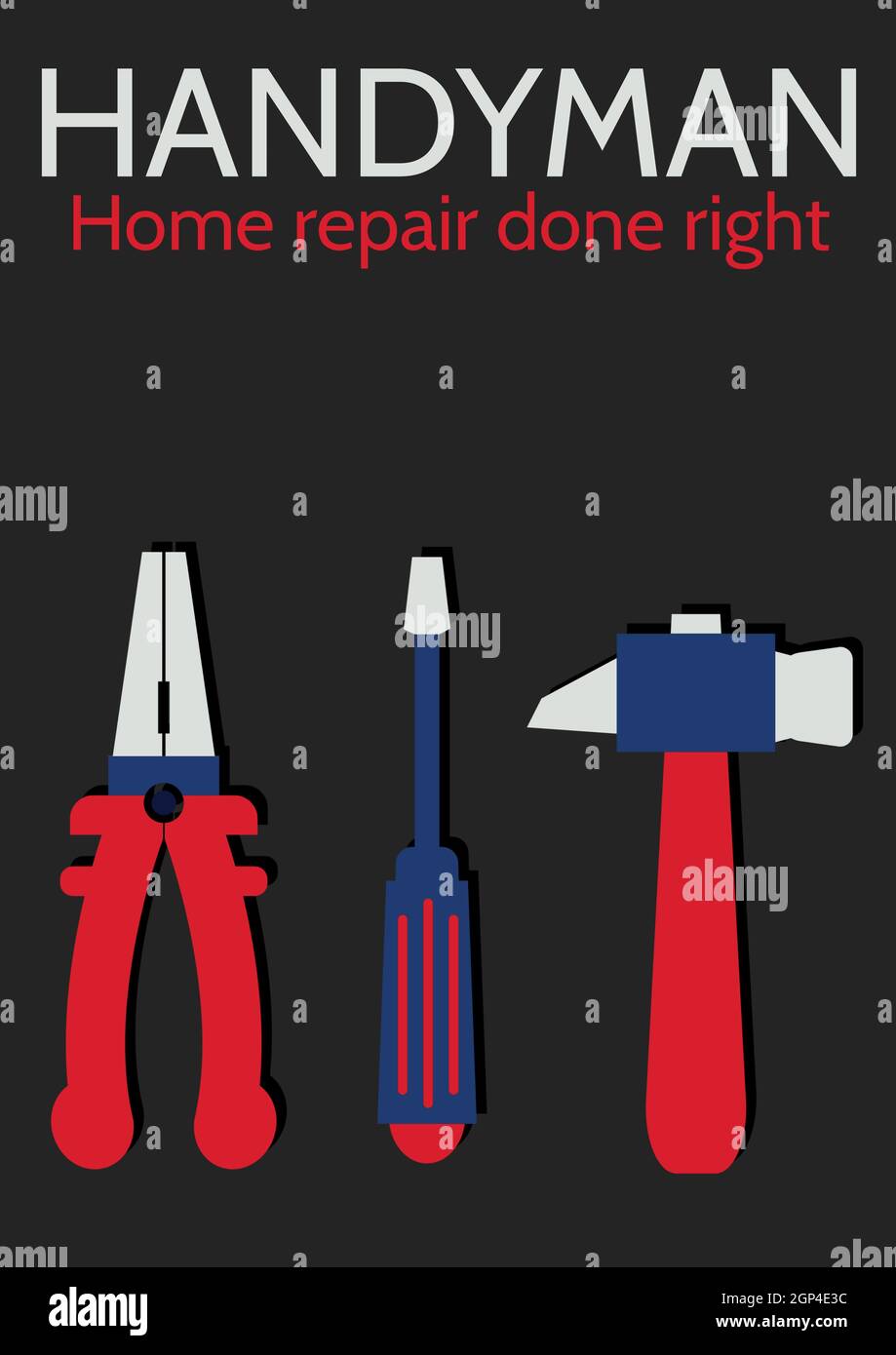 Composition of handyman text over tools icons on black background Stock Photo