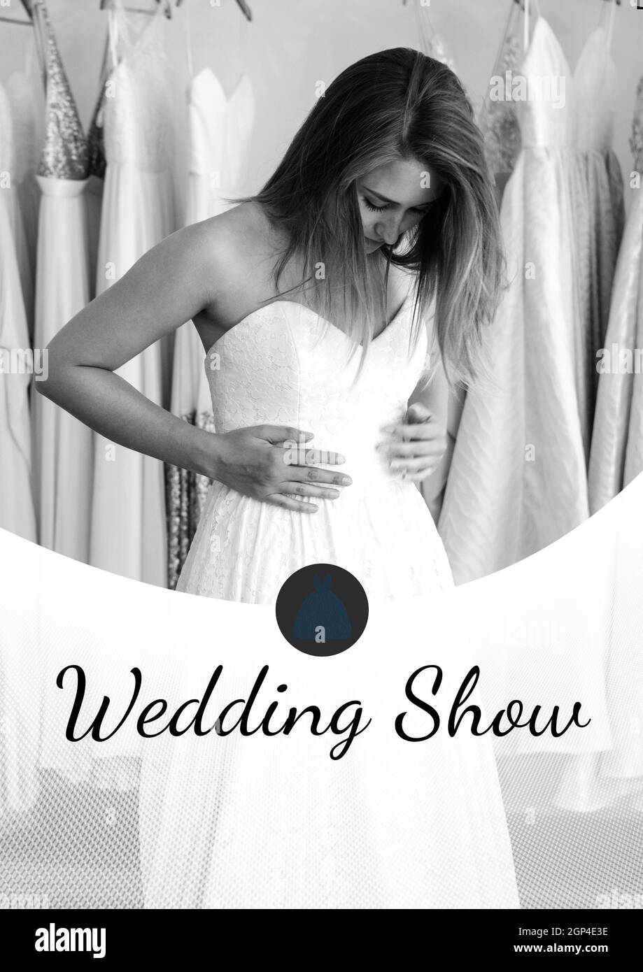 Composition of wedding show text over happy caucasian woman wearing wedding dress Stock Photo