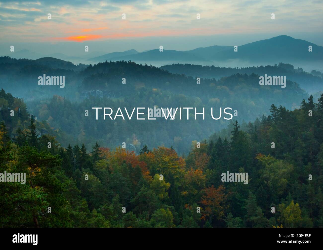 Composition of travel with us text over beautiful landscape in mountains during sunset Stock Photo