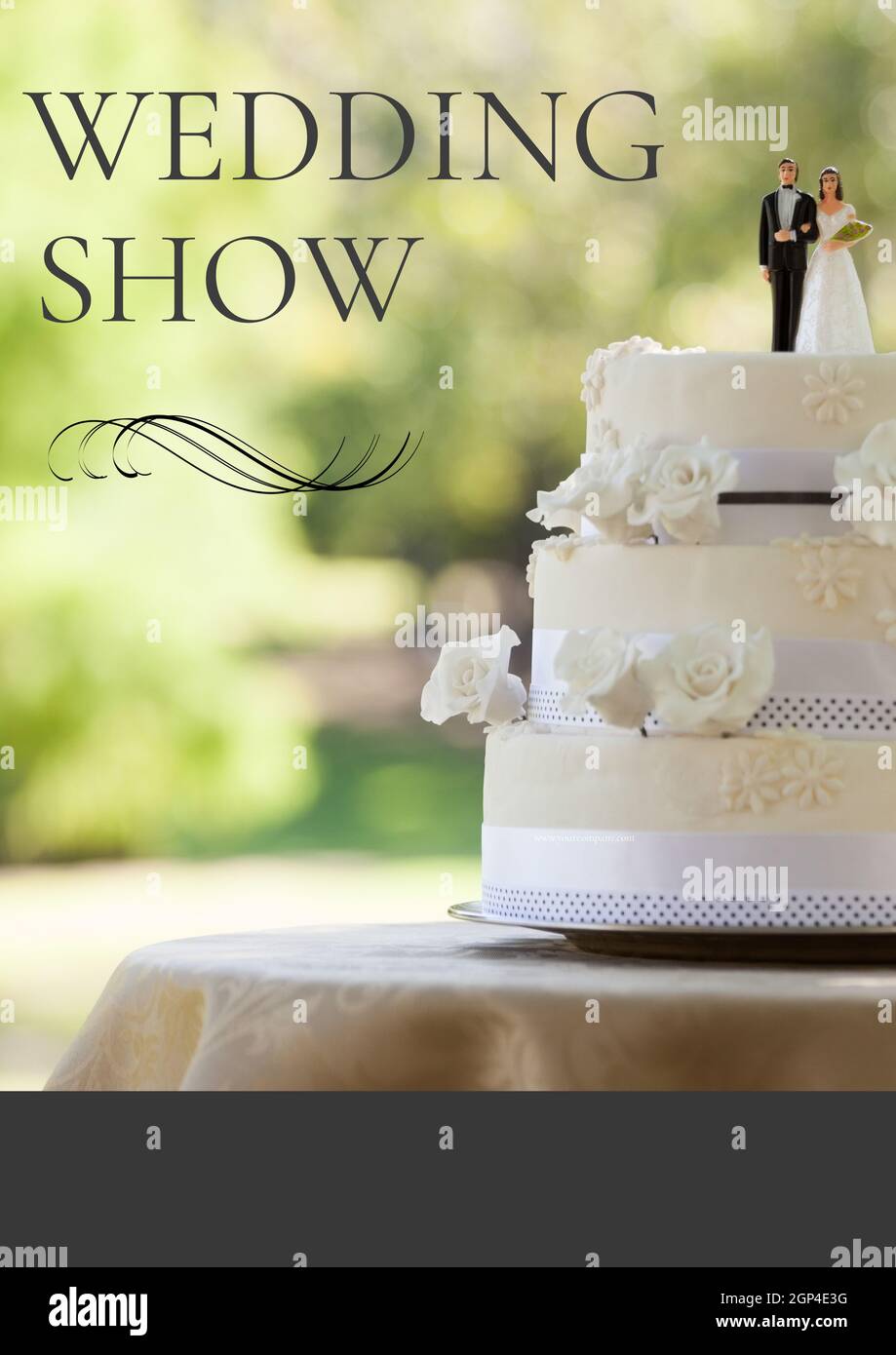 Composition of wedding show text over wedding cake Stock Photo