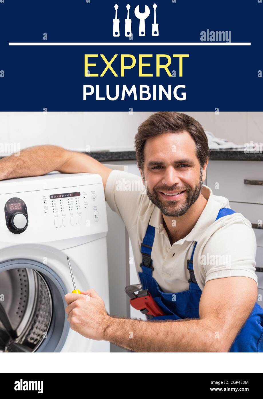 Composition of expert plumbing text over smiling caucasian male plumber fixing washing machine Stock Photo