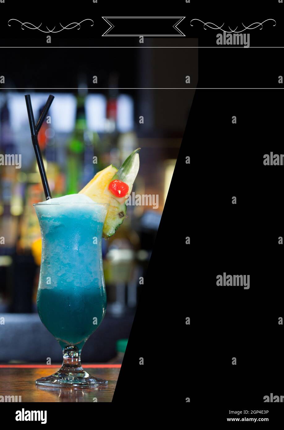 Composition of white frame over blue drink in bar on black background Stock Photo