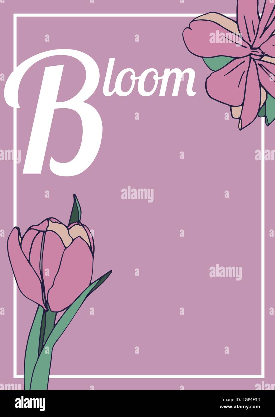 Composition of bloom text over flower icons on pink background Stock Photo