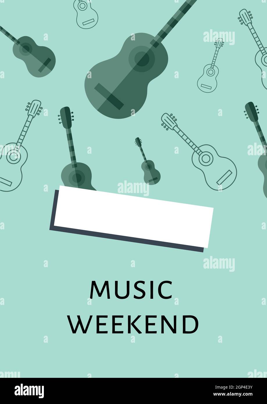 Composition of music weekend text and guitar icons on blue background Stock Photo