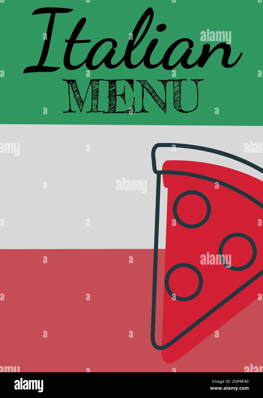 Composition of italian menu text and pizza icon on colourful background Stock Photo