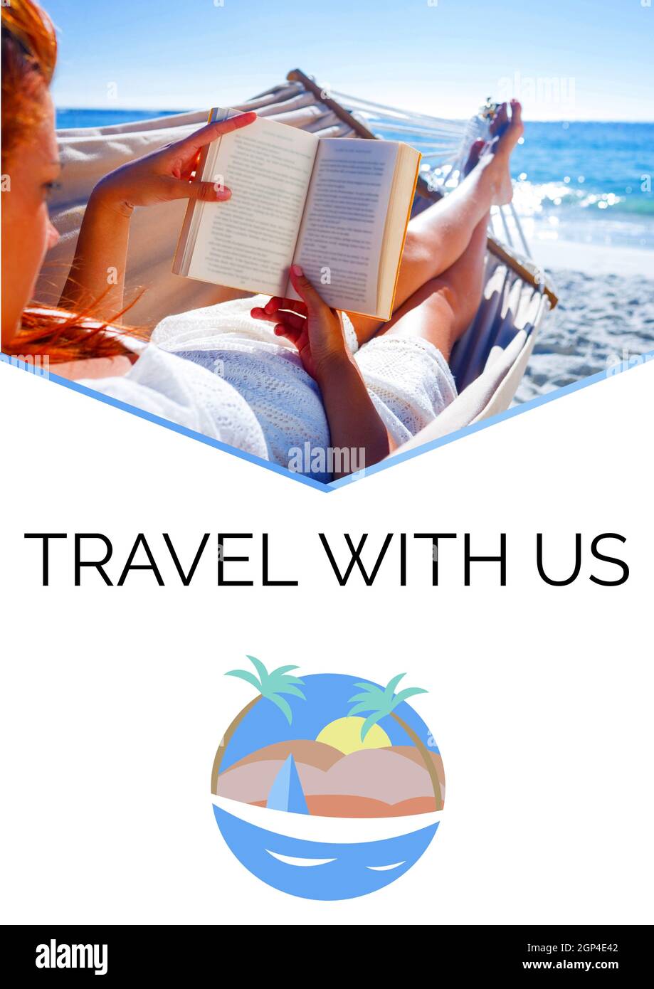 Composition of travel with us text over caucasian woman reading book on beach Stock Photo