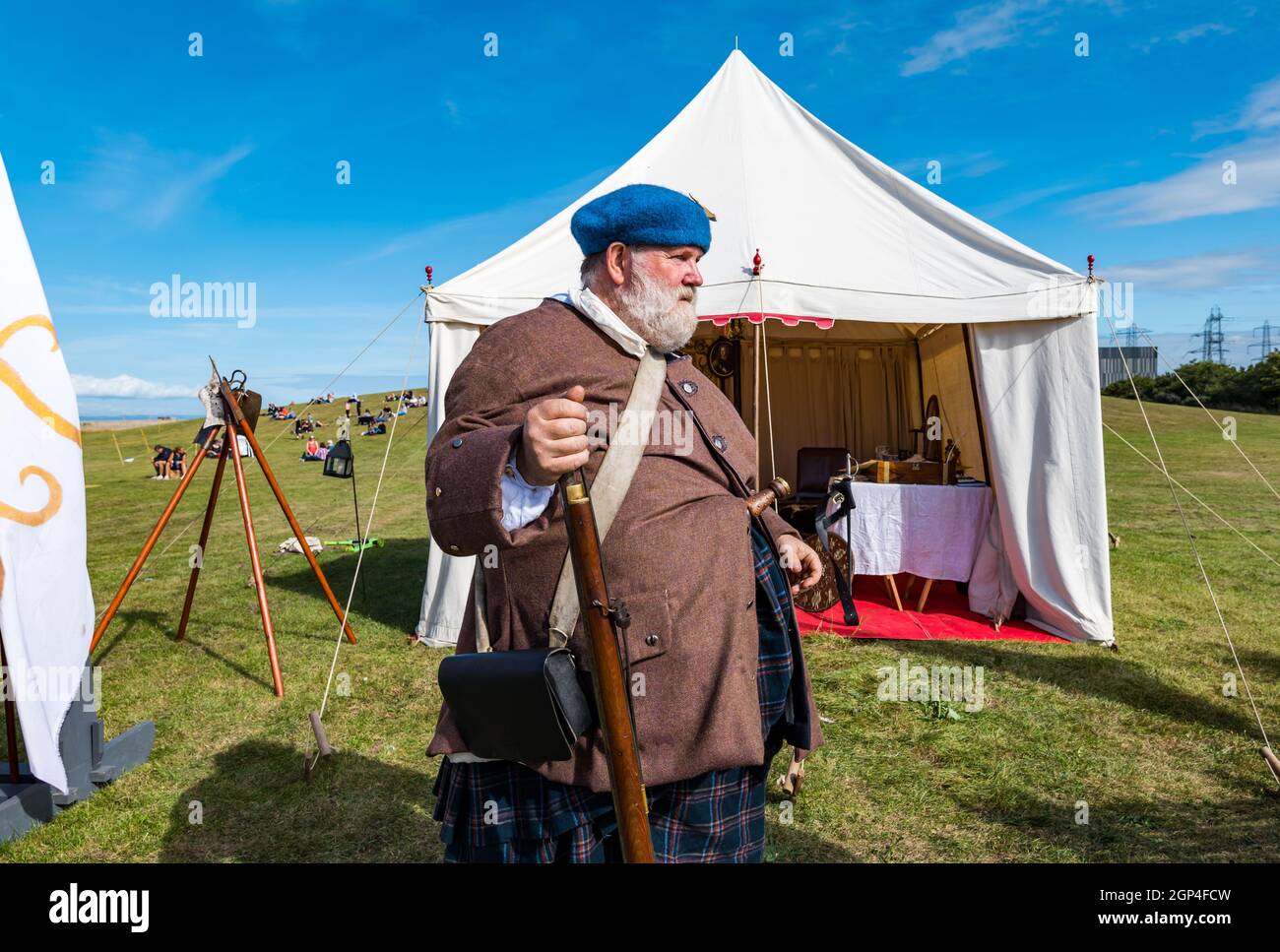 A Jacobite on guard in re-enactment of Battle of Prestonpans in period costume, East Lothian, Scotland, UK Stock Photo